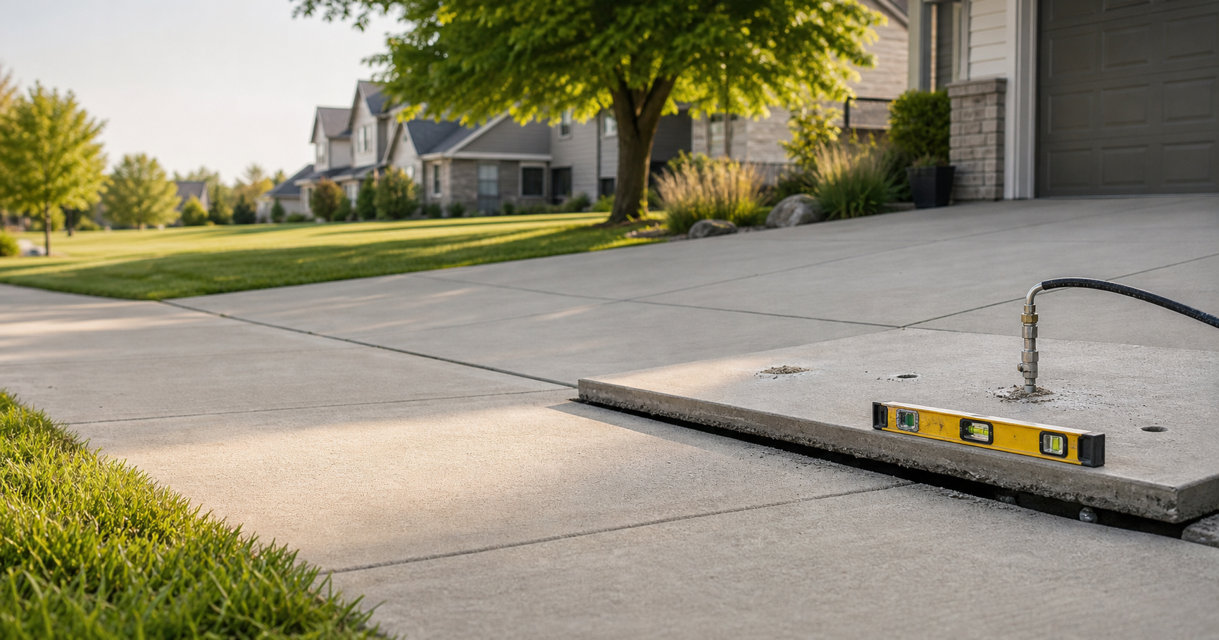 Sunken driveway and sidewalk concrete prepared for slab lifting near Omaha.